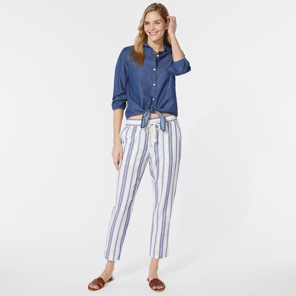NAUTICA JEANS CO. STRIPE CROPPED LINEN PANTS,Blue Depths,large
