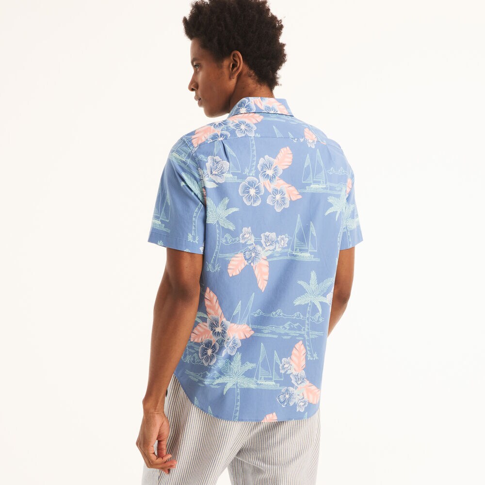 Printed Poplin Short-Sleeve Shirt,Dock Blue,large