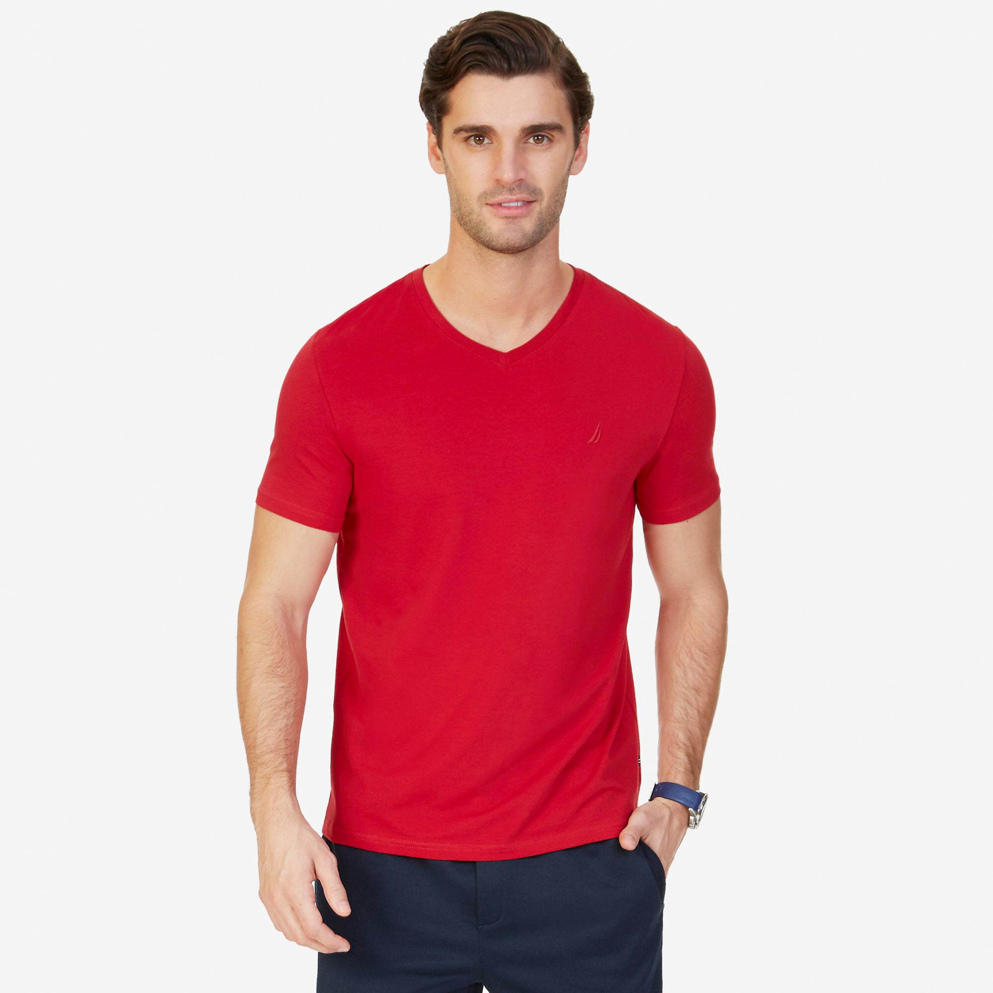Solid V-Neck T-Shirt,Nautica Red,large