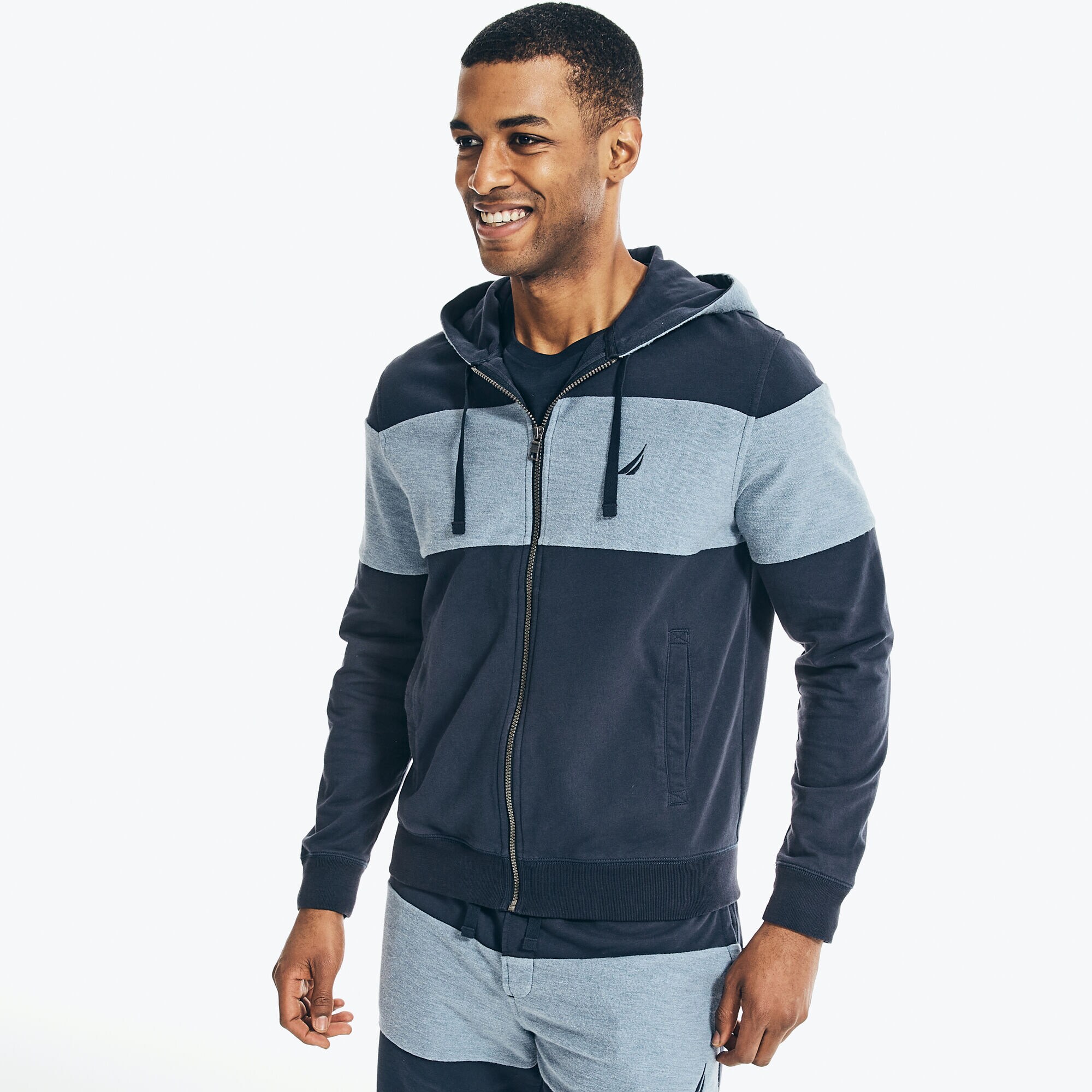 COLORBLOCK FRENCH TERRY ZIP HOODIE,Navy,large