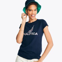Nautica brand icon Puff Foil Graphic T-Shirt,Stellar Blue Heather,large
