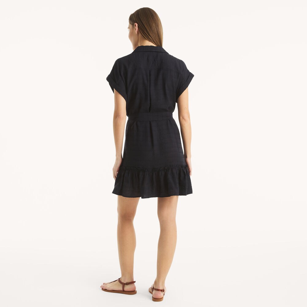 Belted Shirt Dress,Navy,large