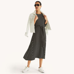 Striped Belted Midi Dress,True Black,large