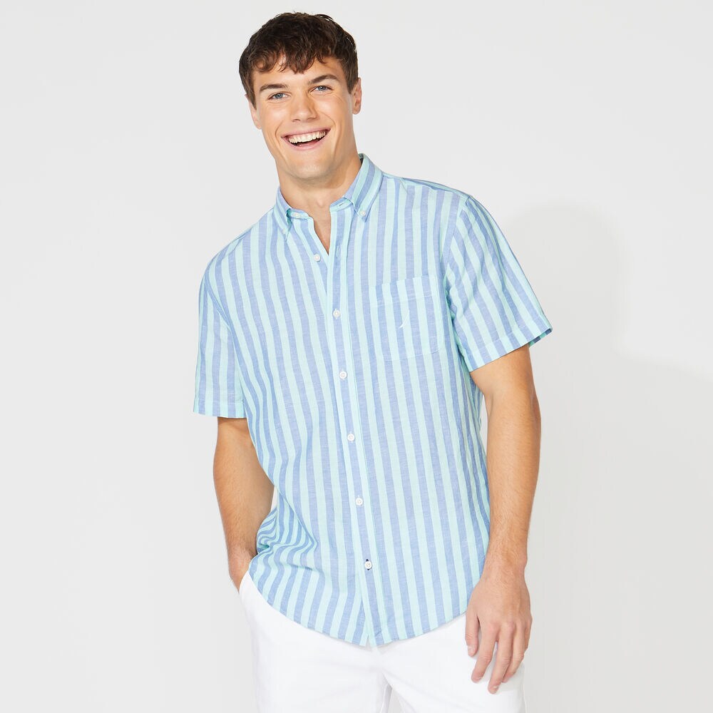 STRIPED LINEN BLEND SHORT SLEEVE SHIRT,Coastal Green,large