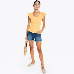 Smocked Flutter-Sleeve Top,Fire Orange,large