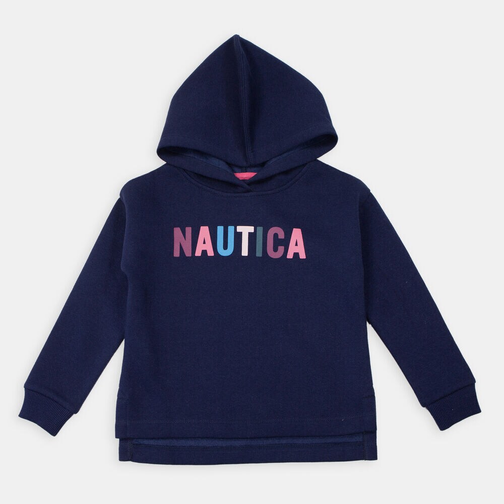 LITTLE GIRLS' STRIPED-CUFF LOGO HOODIE (4-7),Navy,large