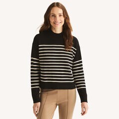 Striped Mock-Neck Sweater,Black,large