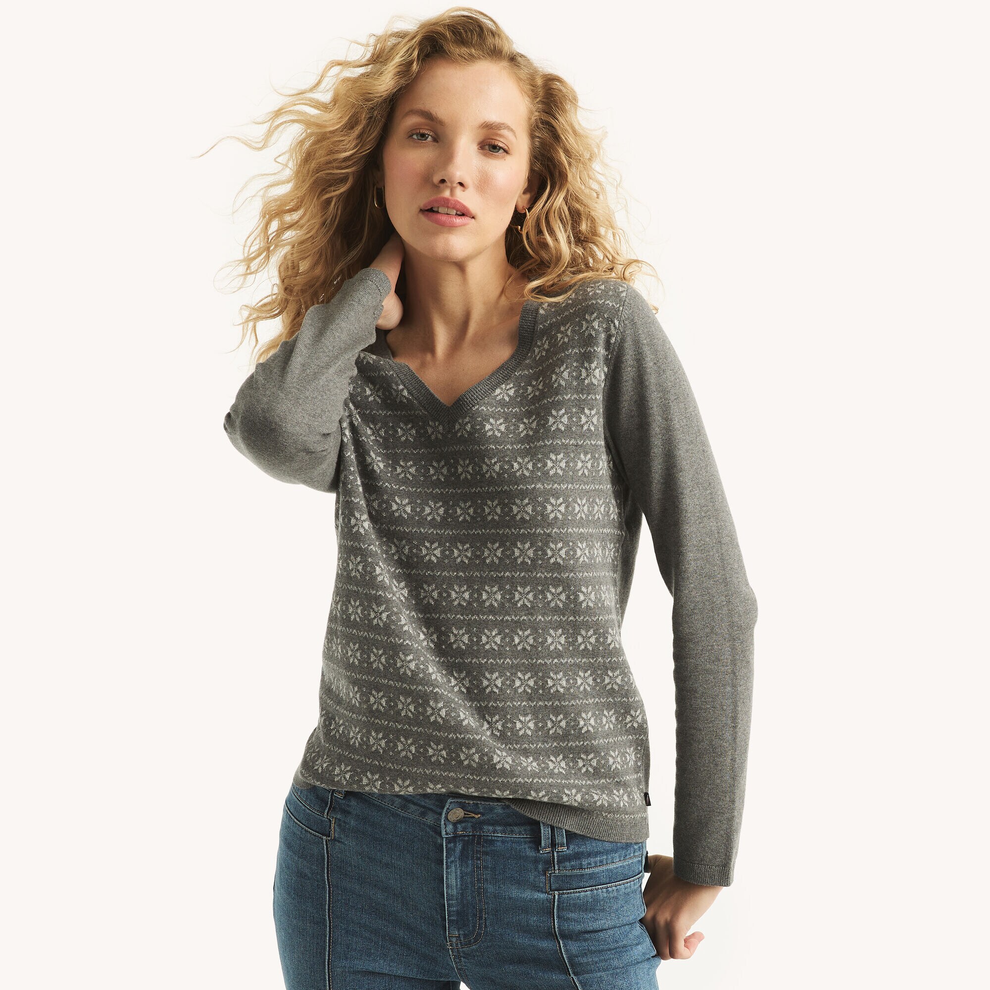 Snowflake Print V-Neck Sweater,Grey Heather,large