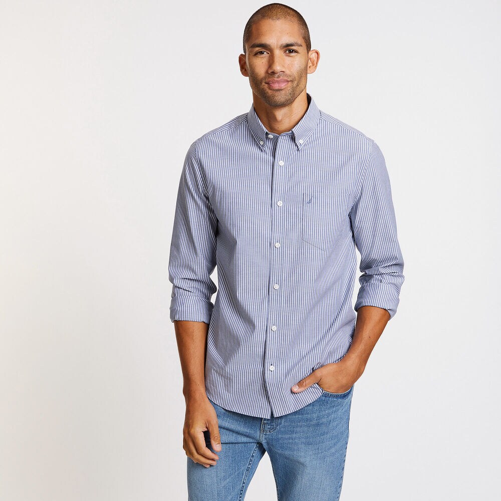 Long Sleeve Slim Fit Striped Wrinkle-Resistant Shirt,J Navy,large