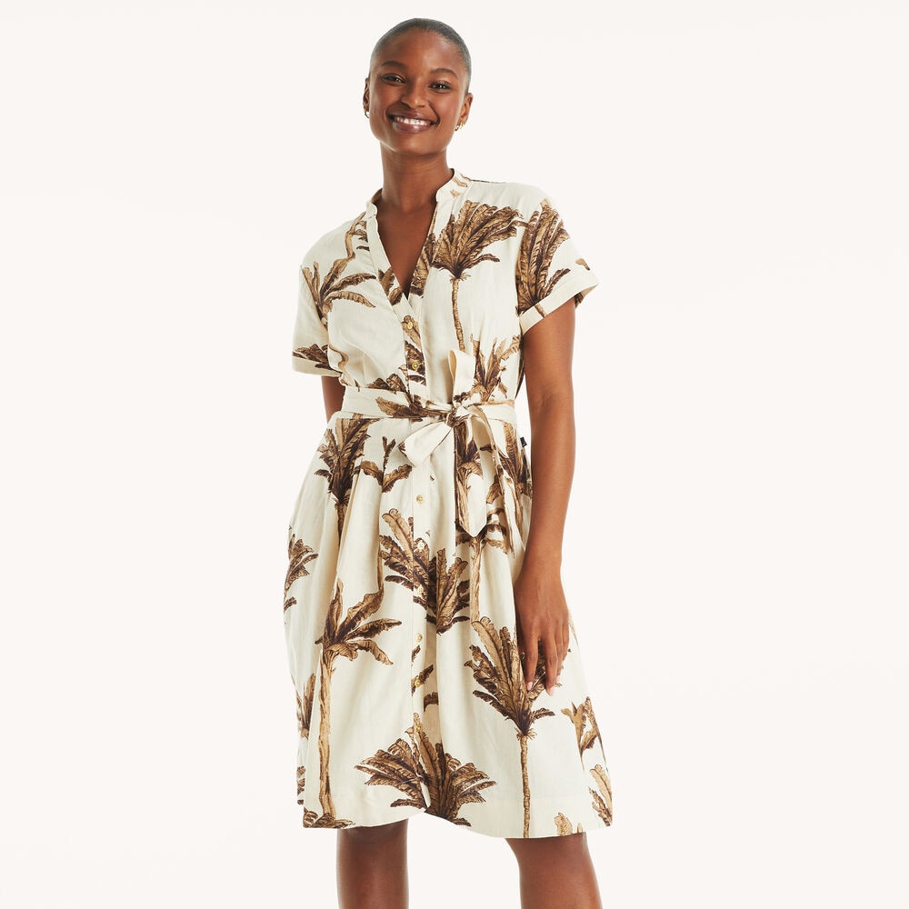Printed Mini Linen Shirt Dress,Marshmallow,large
