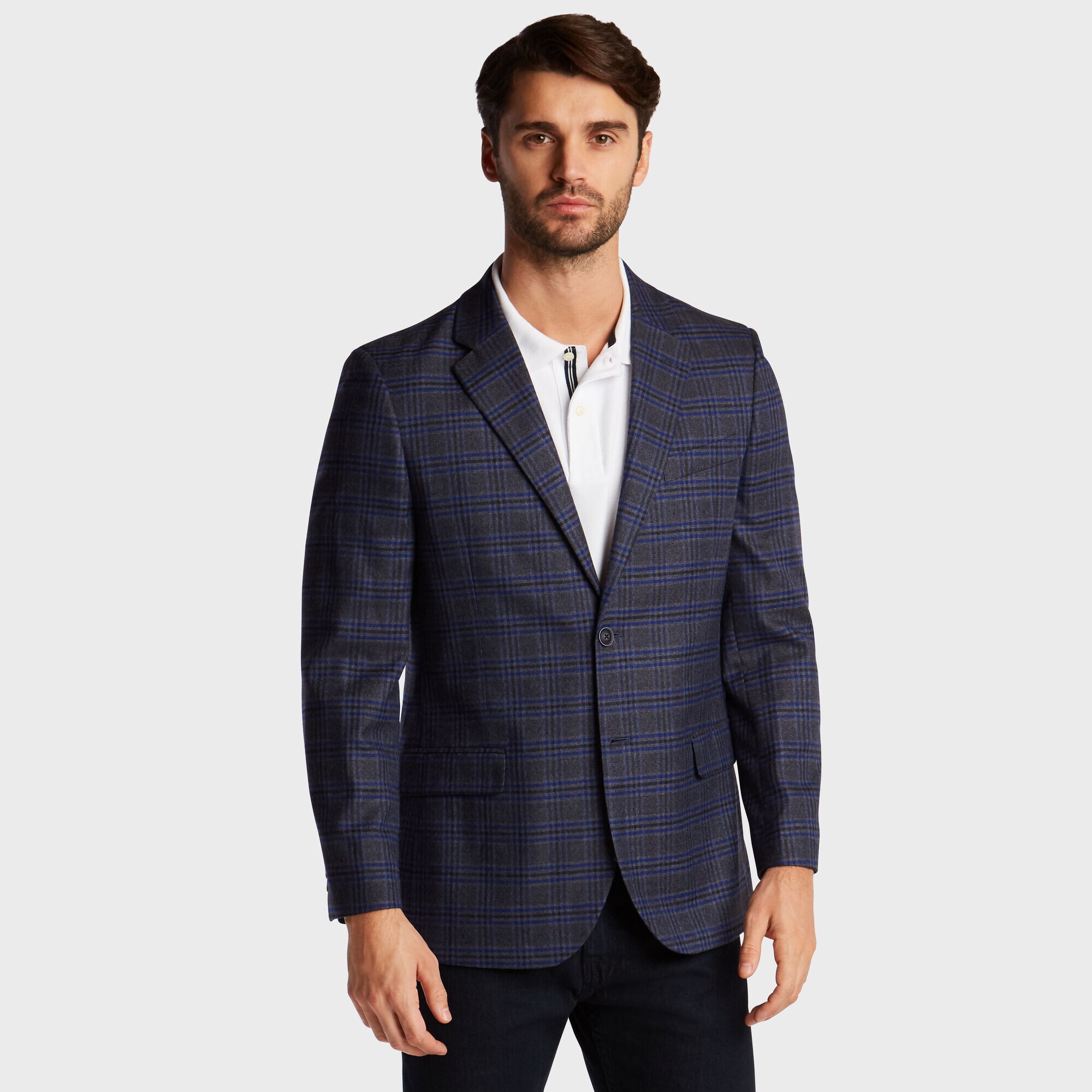 BRANFORD STRETCH BLAZER IN NAVY MULTI PLAID,Tugboat Blue,large