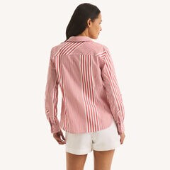 Striped Button-Up Shirt,Biking Red,large