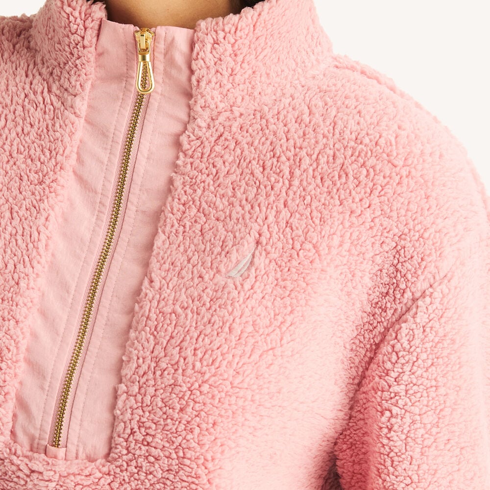 Quarter-Zip Faux Shearling Pullover,Sunguard Red,large