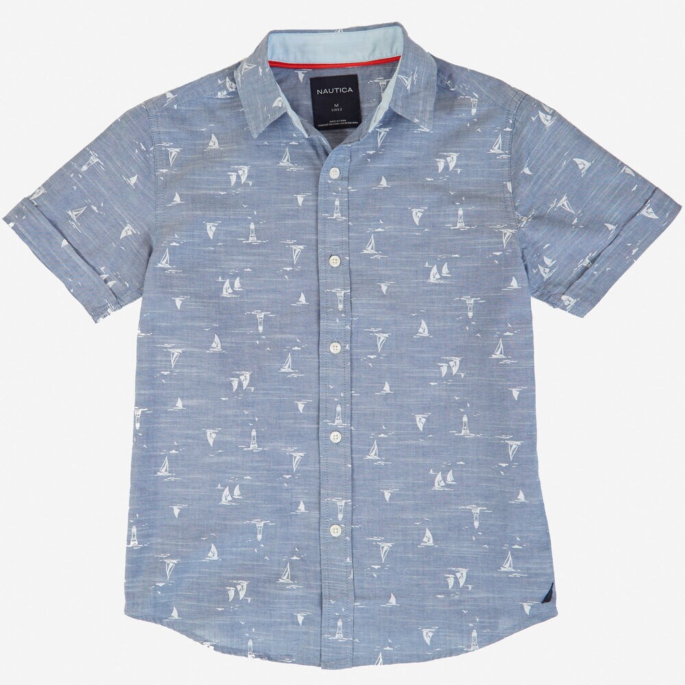 Boys' Chambray Allover Sailboat Shirt,Varsity Blue Wash,large