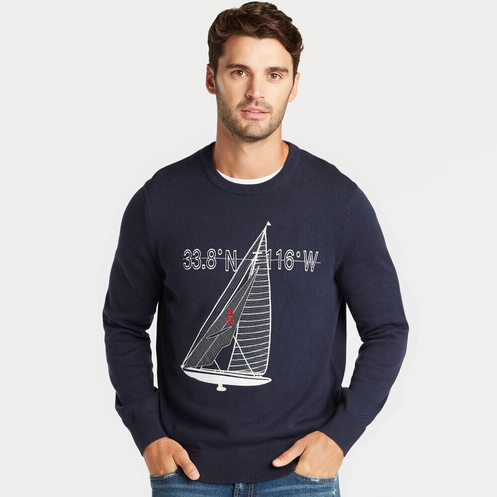 SAILBOAT APPLIQUE CREWNECK SWEATER,Navy,large