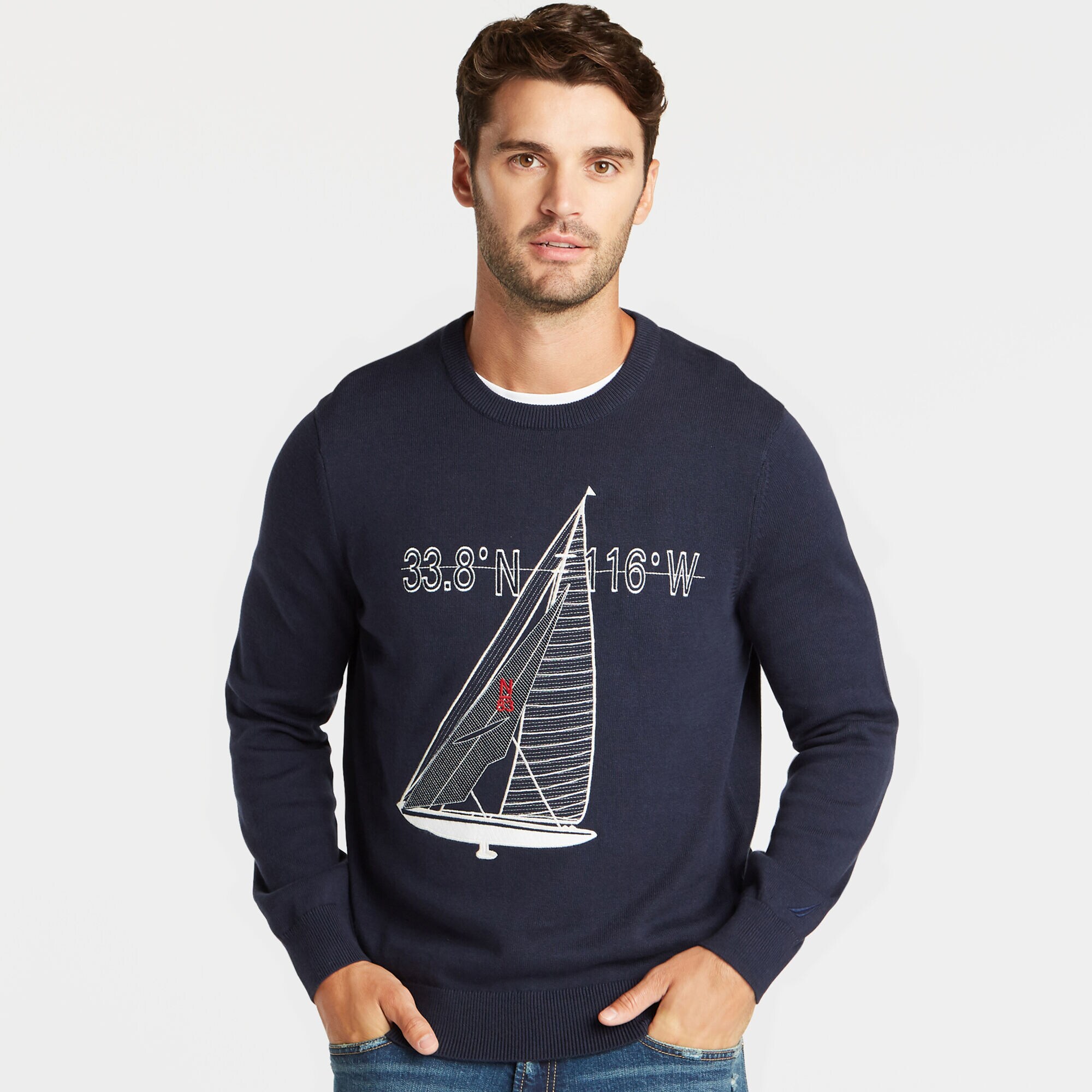 SAILBOAT APPLIQUE CREWNECK SWEATER,Navy,large