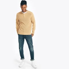 LONG-SLEEVE HENLEY SWEATER,Camel Heather,large