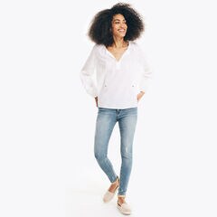 EMBROIDERED SPLIT-NECK TOP,Bright White,large