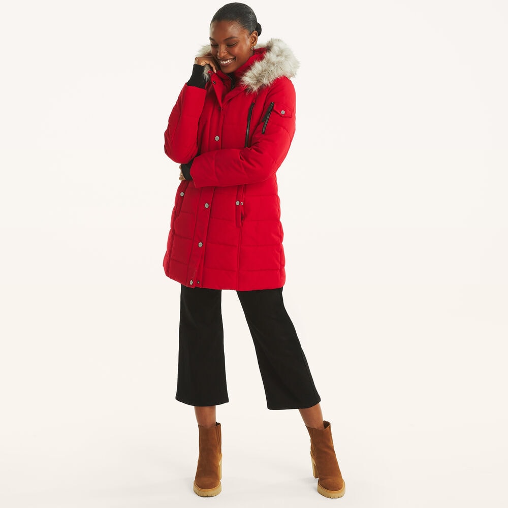 Faux Shearling Hood Puffer Jacket,Tomales Red,large