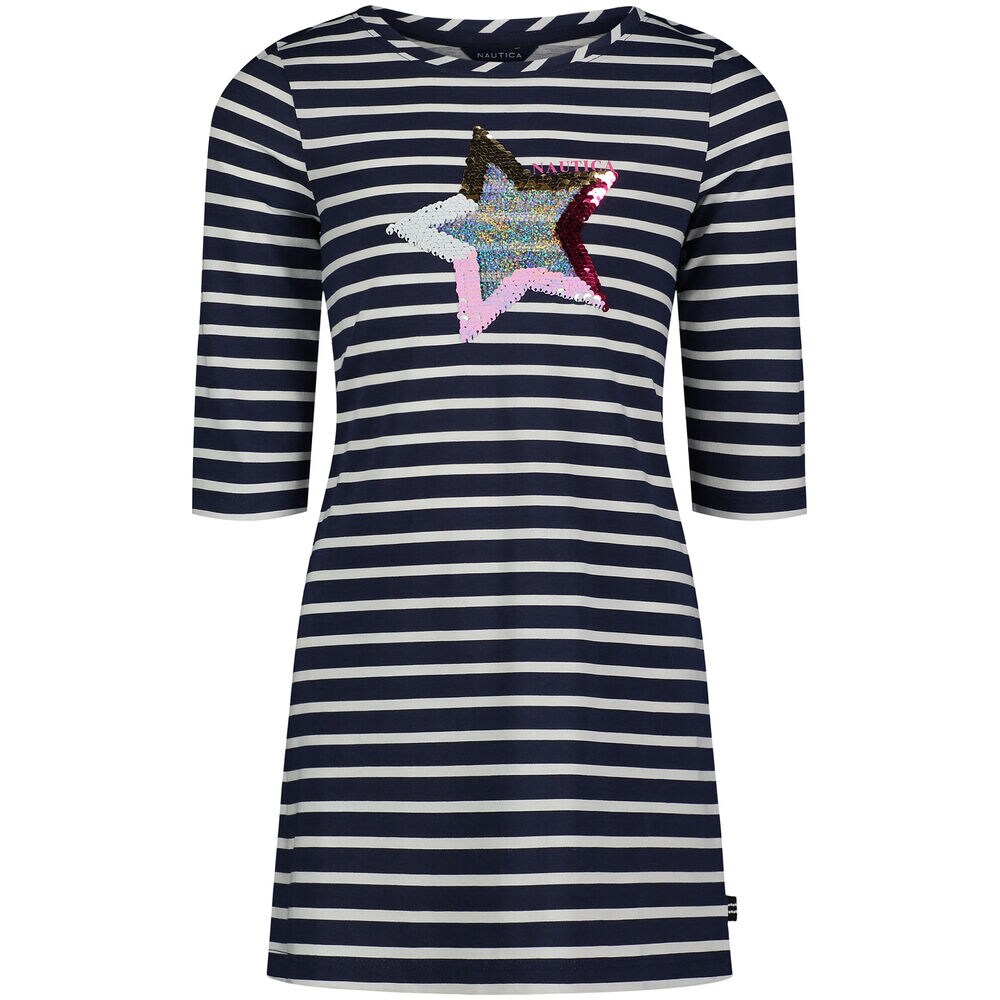 Little Girls’ Stripes and Sequins Dress (4-6X),Navy,large