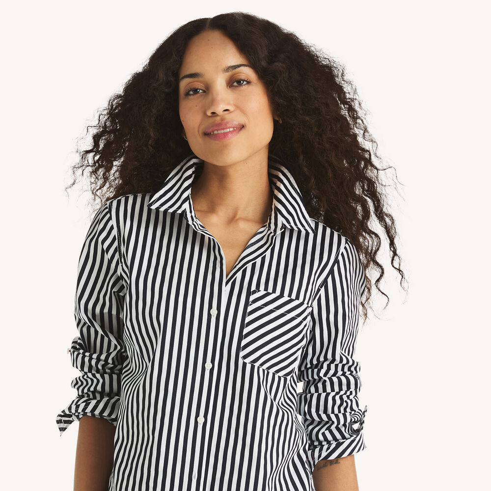 Striped Button-Up Shirt,Navy,large