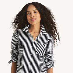 Striped Button-Up Shirt,Navy,large