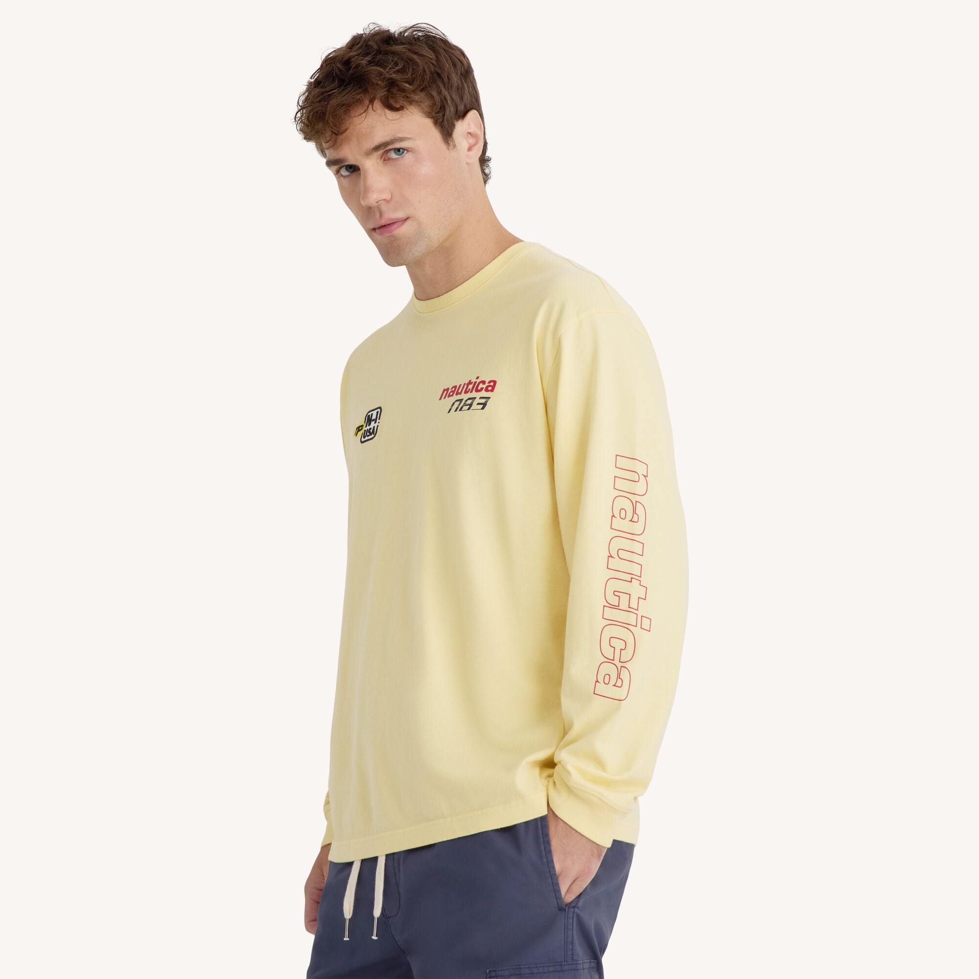 Long-Sleeve Logo Crewneck ,Light Gold,large