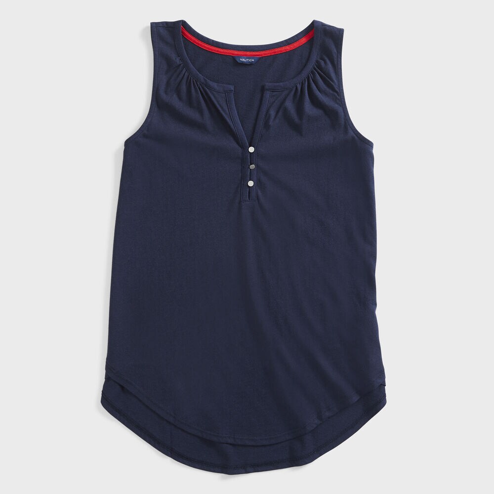 BUTTON-FRONT SLEEVELESS KNIT TOP,Stellar Blue Heather,large