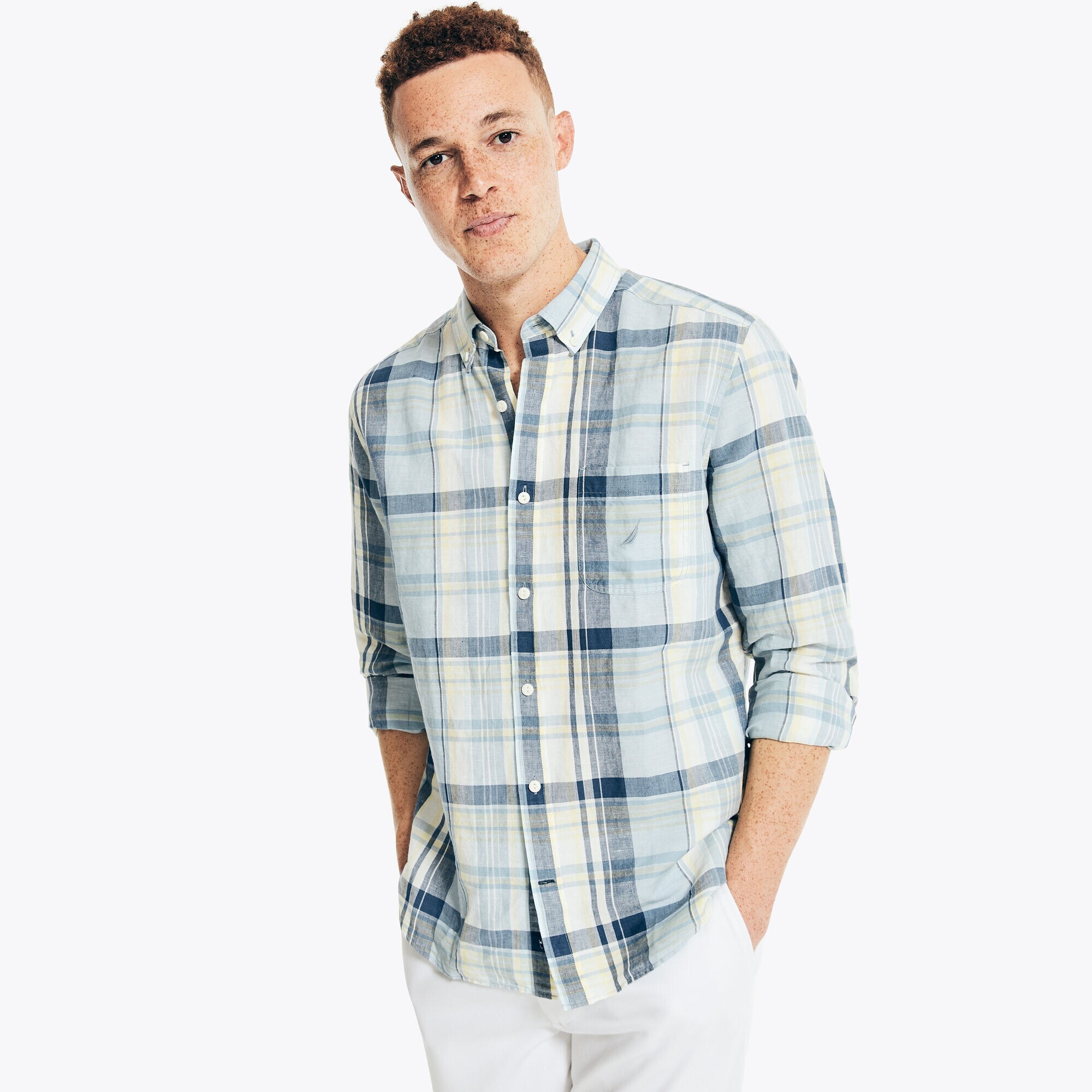 CLASSIC FIT PLAID LINEN SHIRT,Noon Blue,large