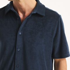 Classic Fit Button-Front Terry Polo,Stellar Blue Heather,large