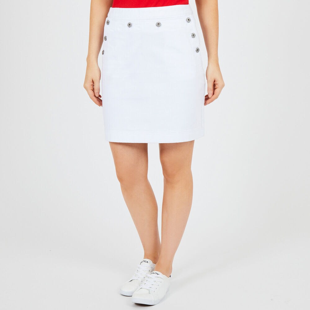 Button Front Denim Sailor Skirt,Bright White,large