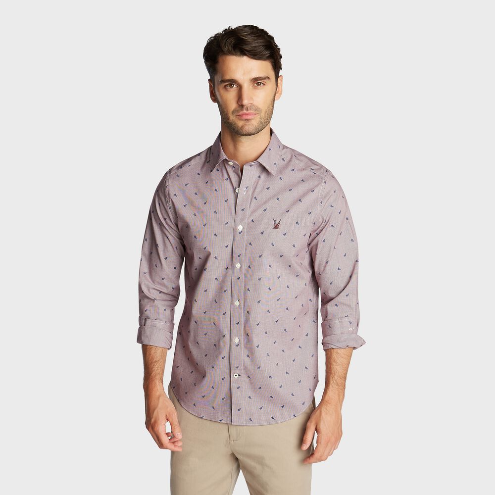 CLASSIC FIT WRINKLE-RESISTANT SAILBOAT PRINT SHIRT,Zinfandel,large