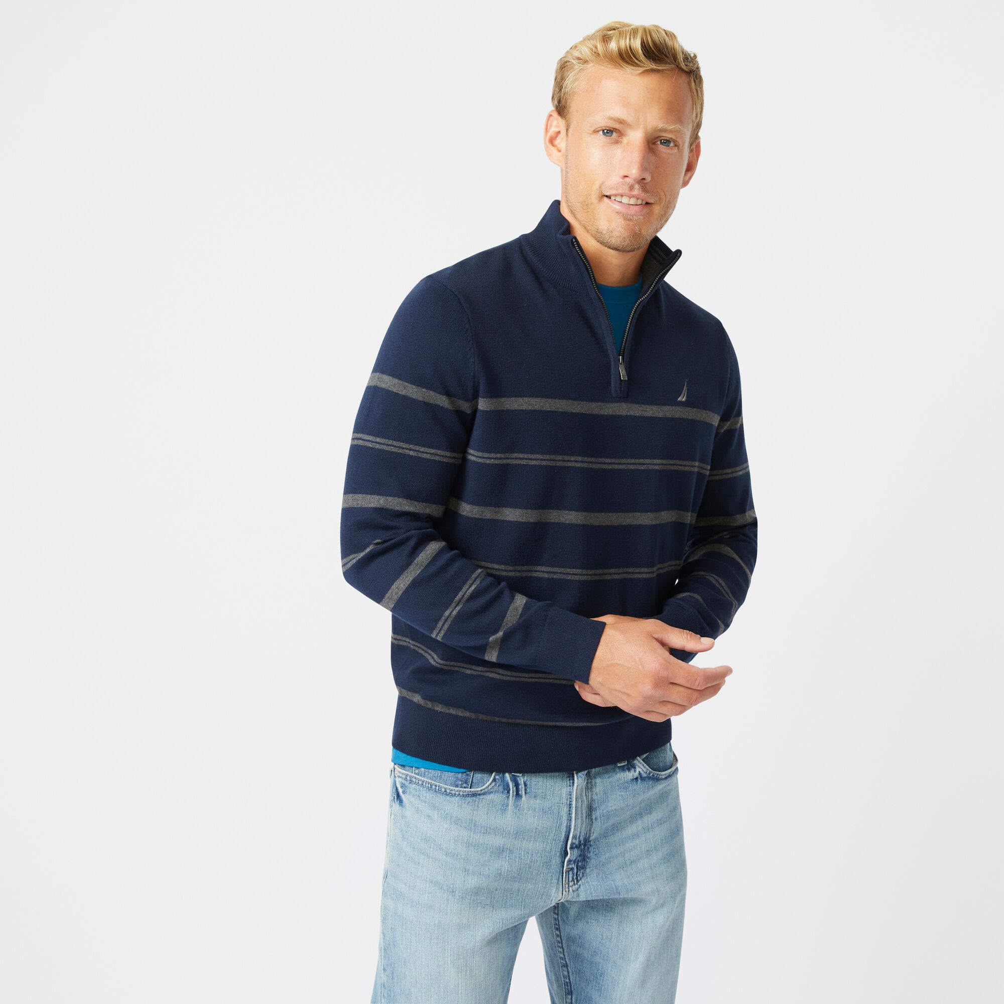 NAVTECH STRIPED QUARTER-ZIP SWEATER,Navy,large