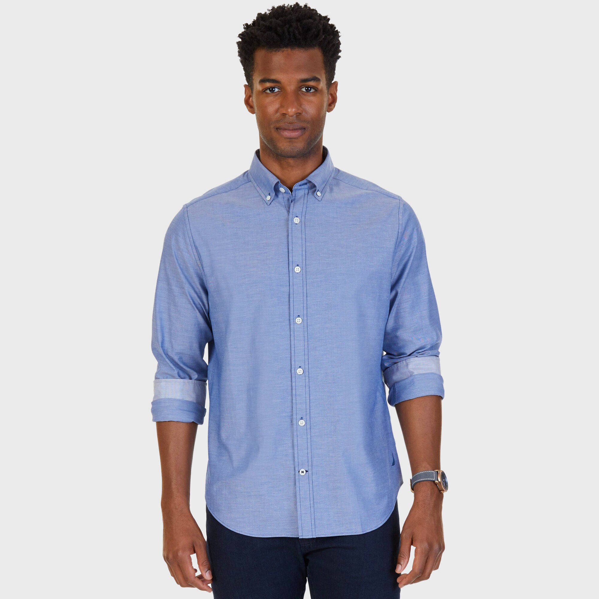 Classic Fit Solid Stretch Button Down,Estate Blue,large