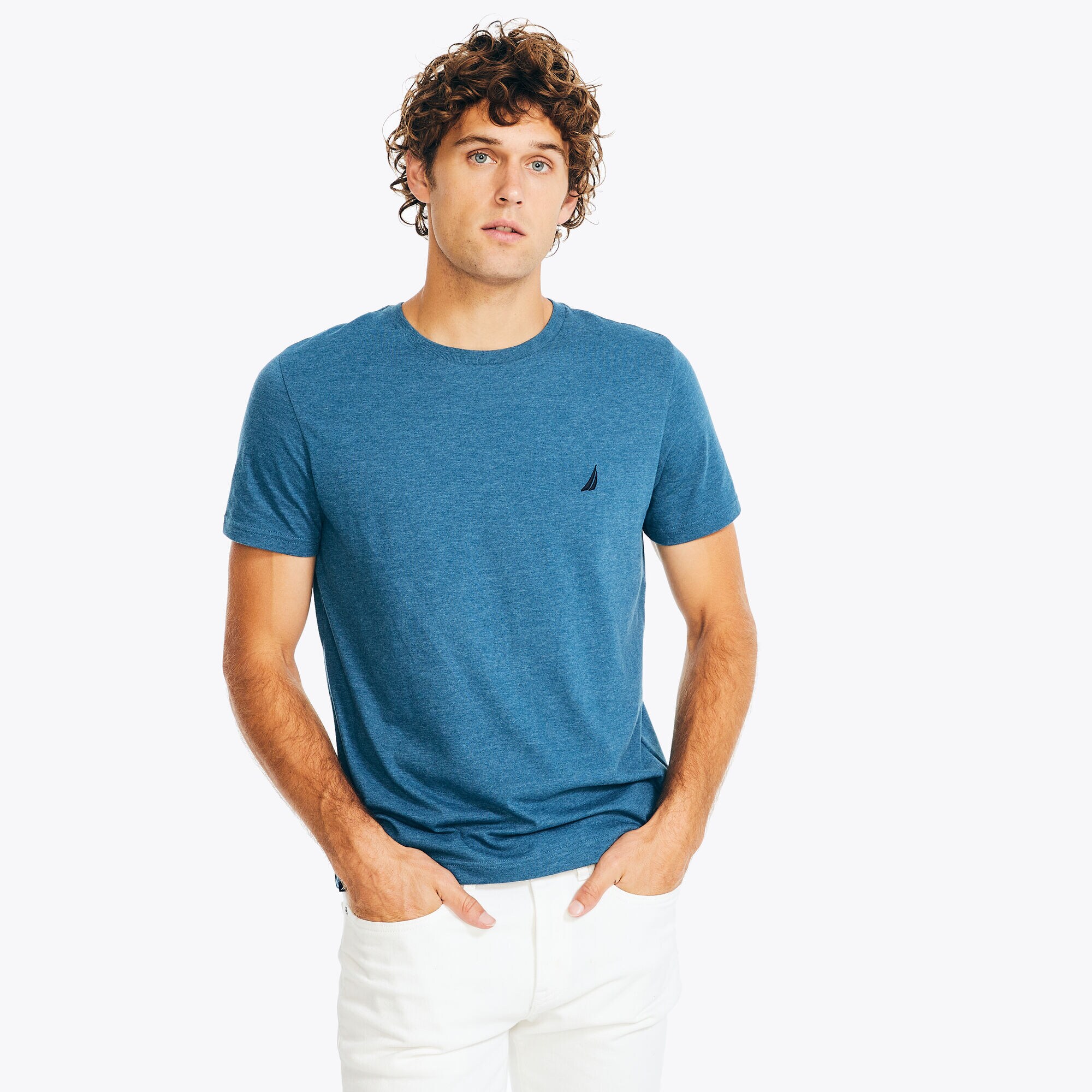 Heather Crewneck Deck T-Shirt,Castaway Aqua,large