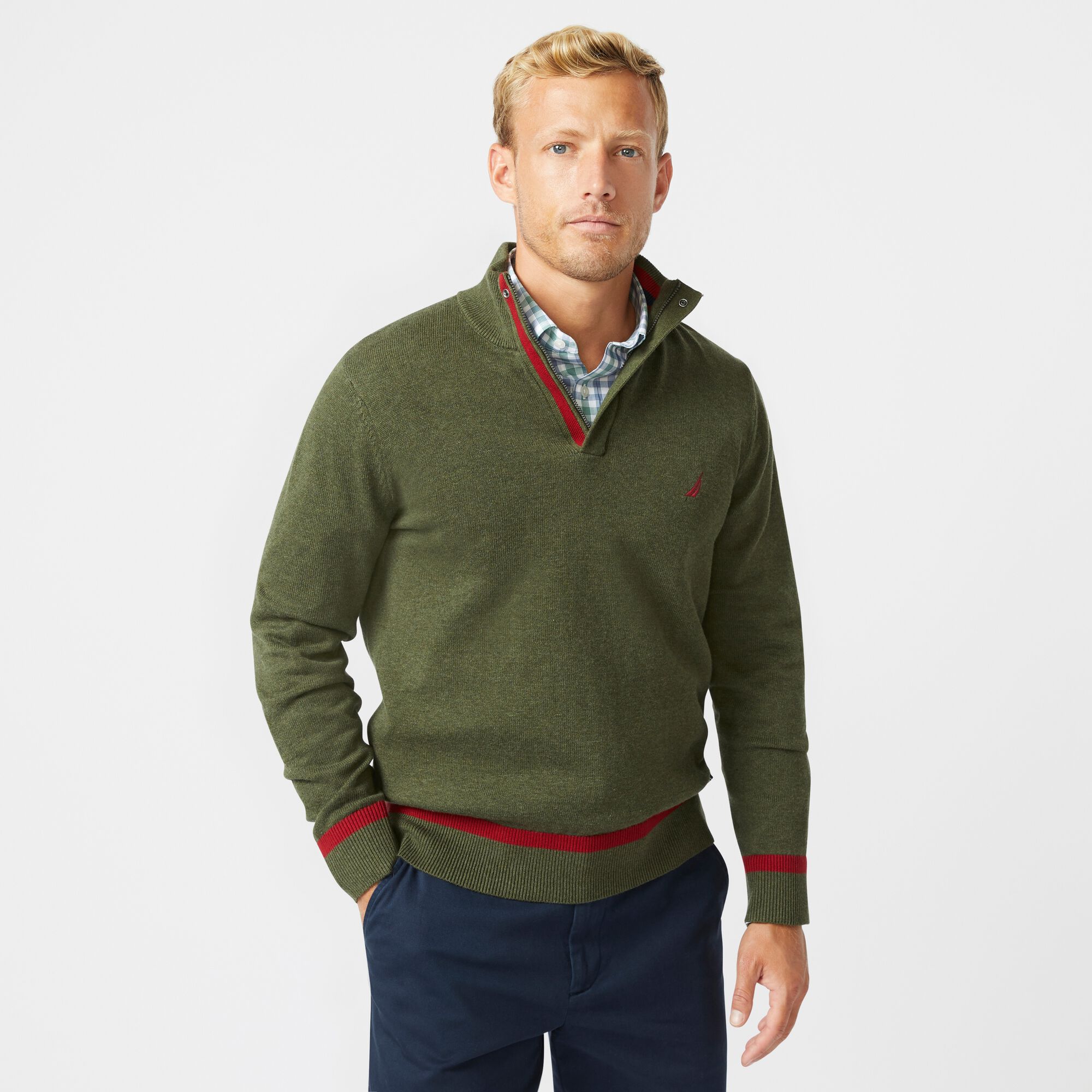 STRIPED-TRIM QUARTER-ZIP SWEATER,Dark Hunter,large