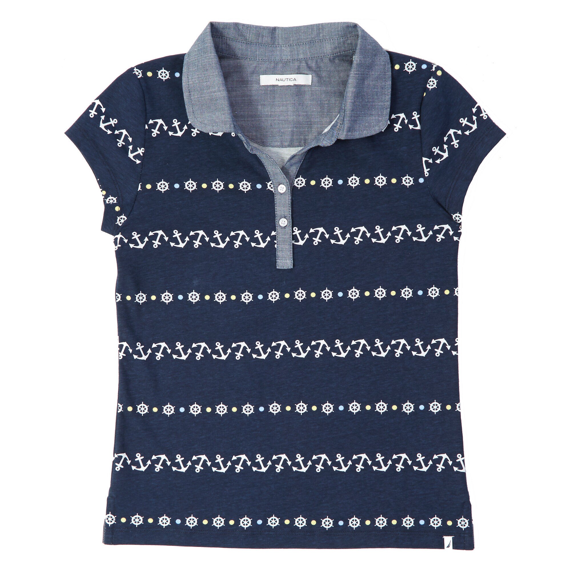 Little Girls' Chambray Trim Anchor Polo Shirt (2T-7),Navy,large
