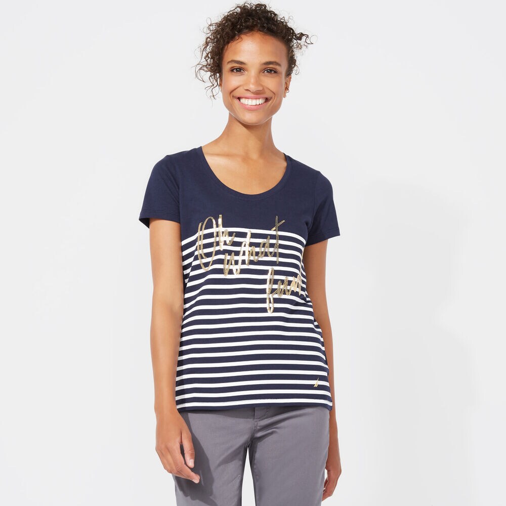 Stripe + Sequin Oh What Fun Scoop-Neck T-Shirt,Stellar Blue Heather,large