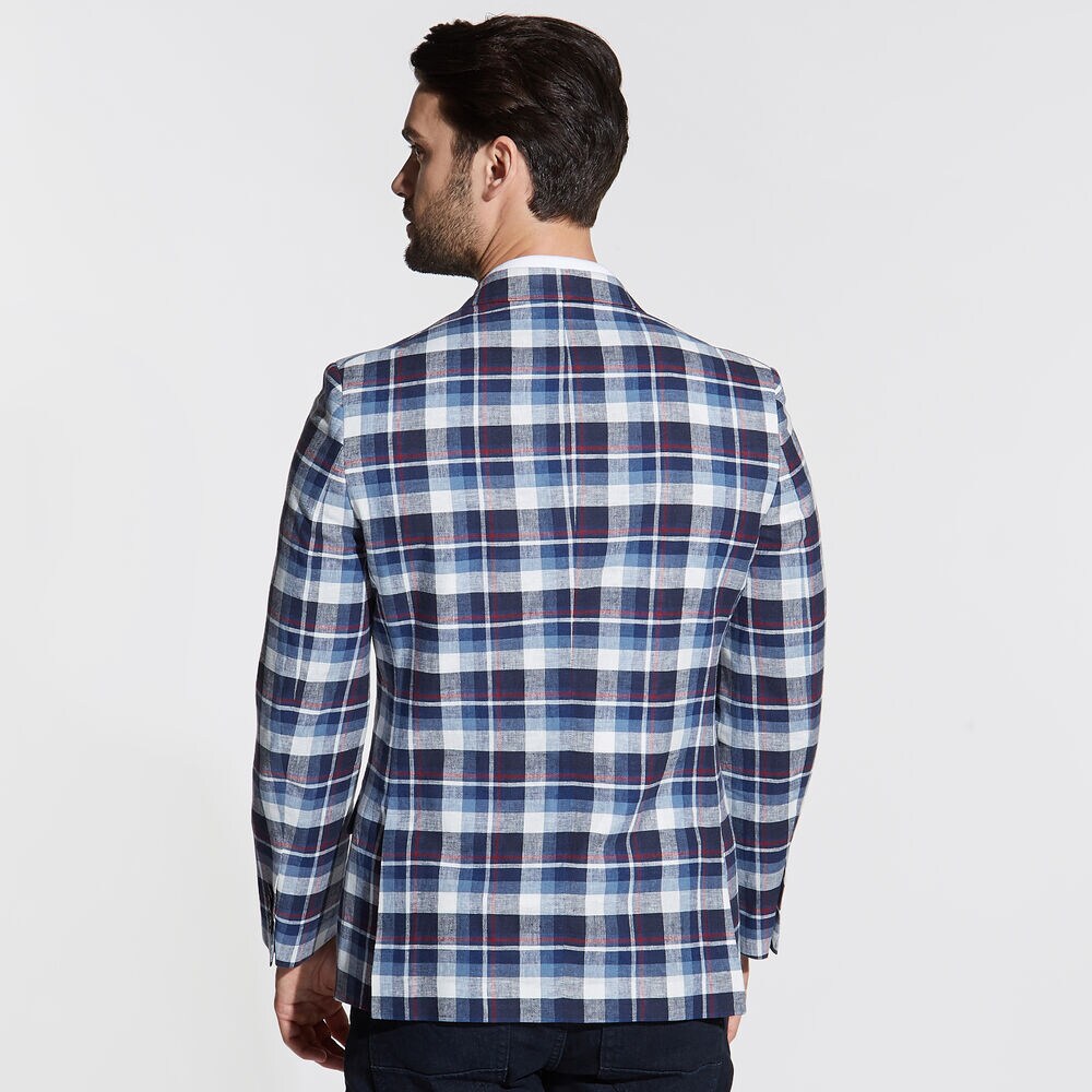 Brielle Linen Blend Jacket in Multicolor Plaid,Workshirt Blue,large