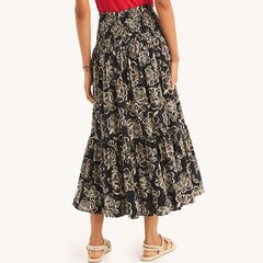 Smocked Printed Midi Skirt,Navy,large