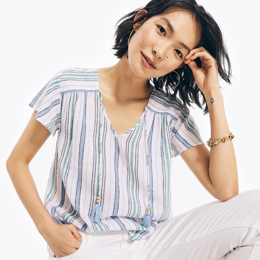 STRIPED V-NECK TOP,Bright White,large
