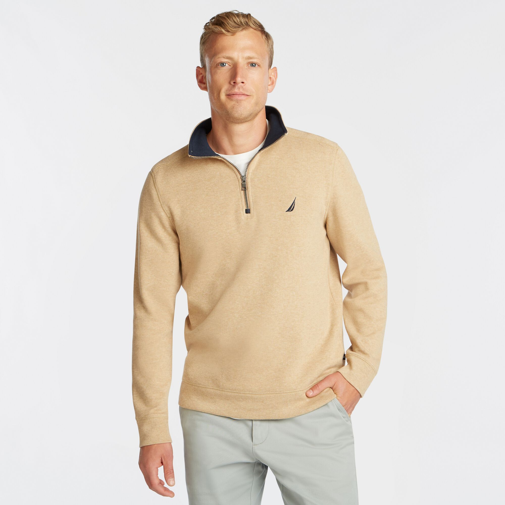 BRAND ICON QUARTER-ZIP PULLOVER,Camel Heather,large
