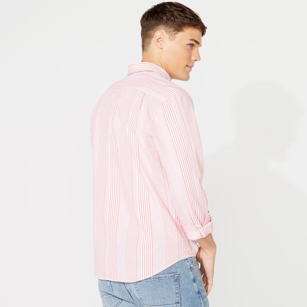 CLASSIC FIT SEERSUCKER STRIPE SHIRT,Coral Dream,large