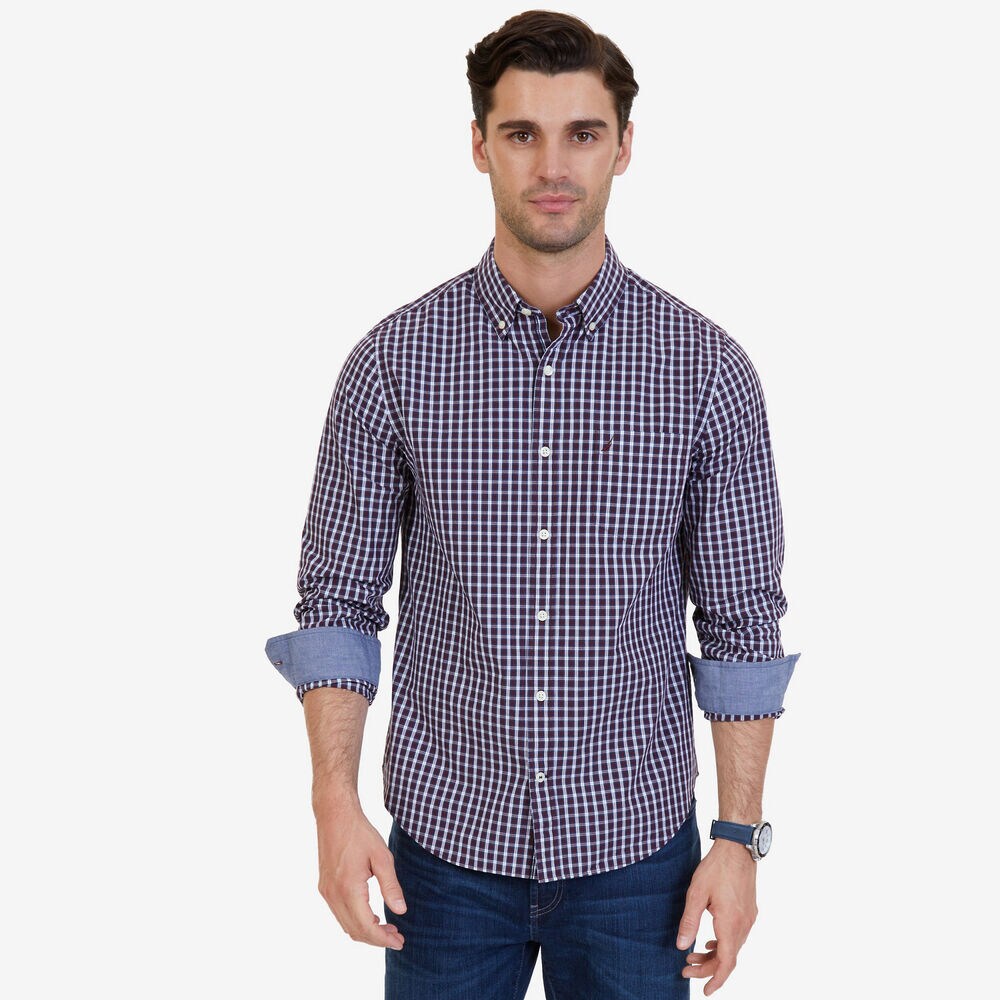 Nautica Slim Fit Plaid Shirt,Royal Burgundy,large