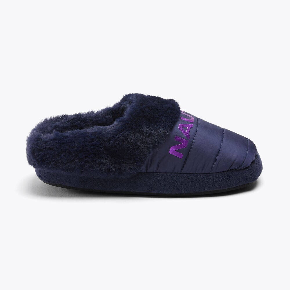 FAUX-FUR-TRIMMED LOGO SLIPPER,Navy,large