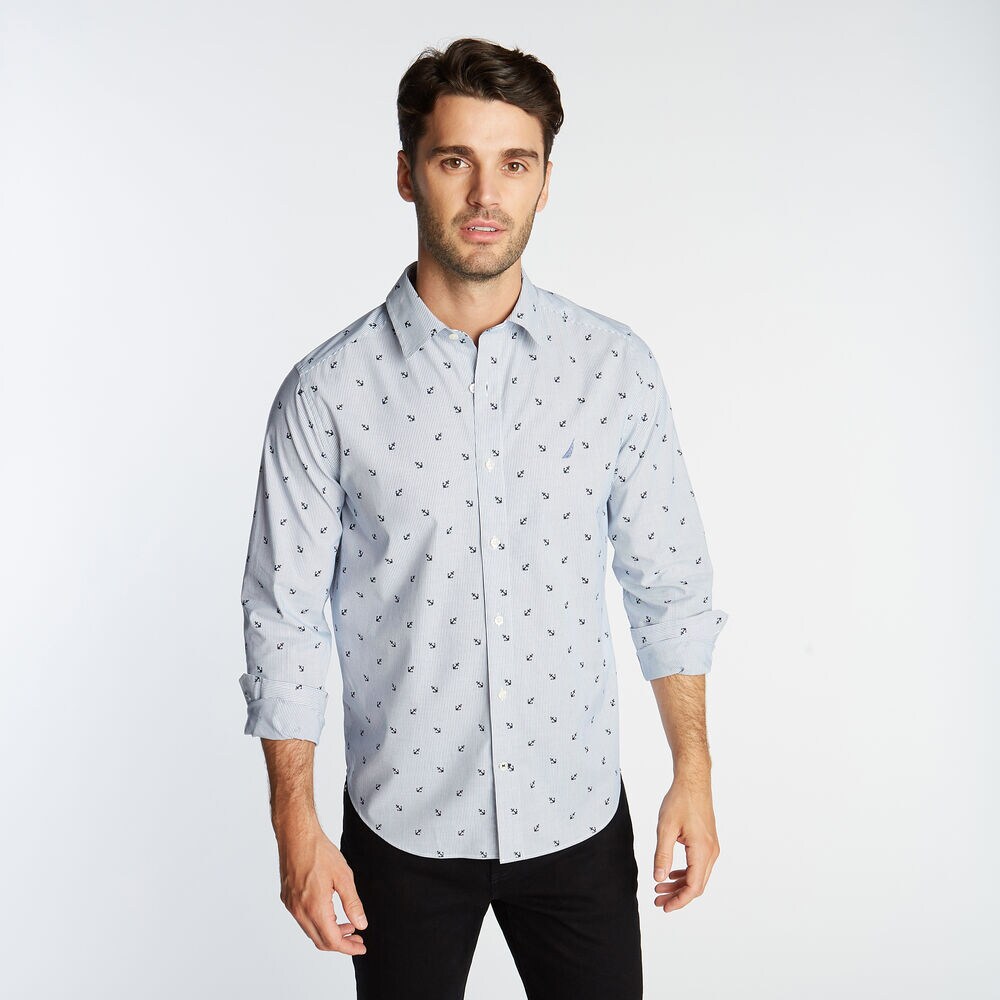 CLASSIC FIT WRINKLE-RESISTANT STRIPE & ANCHOR PRINT SHIRT,Windsurf Blue,large