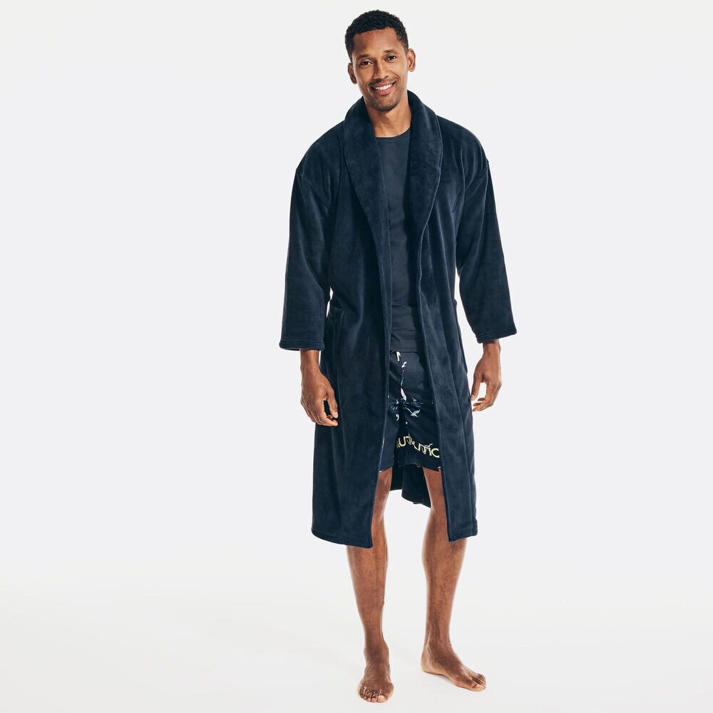 Plush Shawl Collar Robe,Navy,large