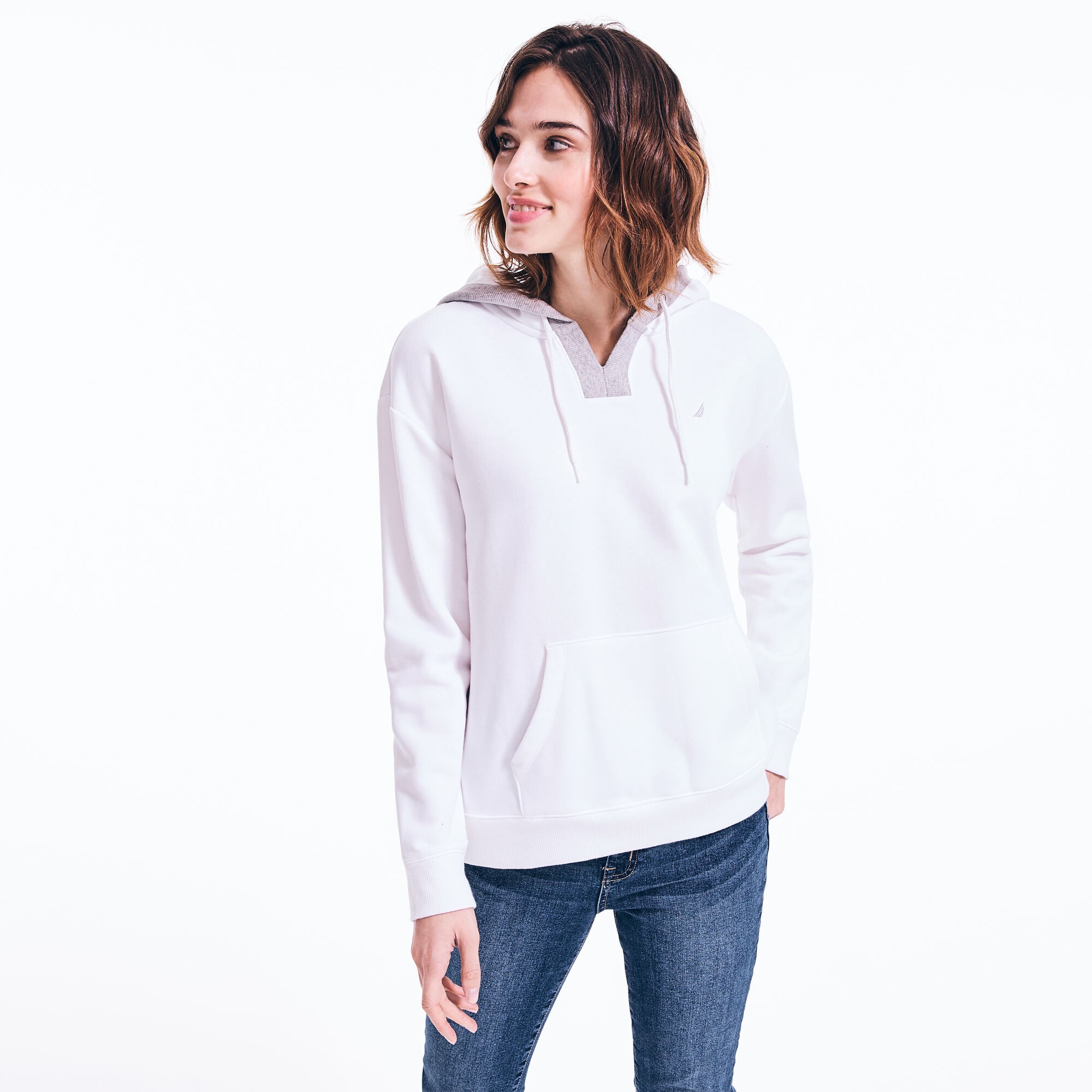 SPLIT NECK PULLOVER HOODIE,Bright White,large