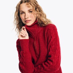 Sustainably Crafted Half-Zip Cable-Knit Sweater,Nautica Red,large