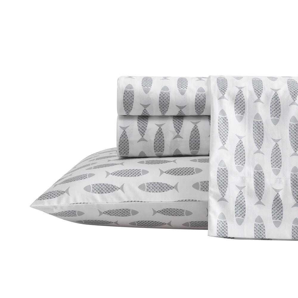 WOODBLOCK FISH GREY QUEEN SHEET SET,Heather,large
